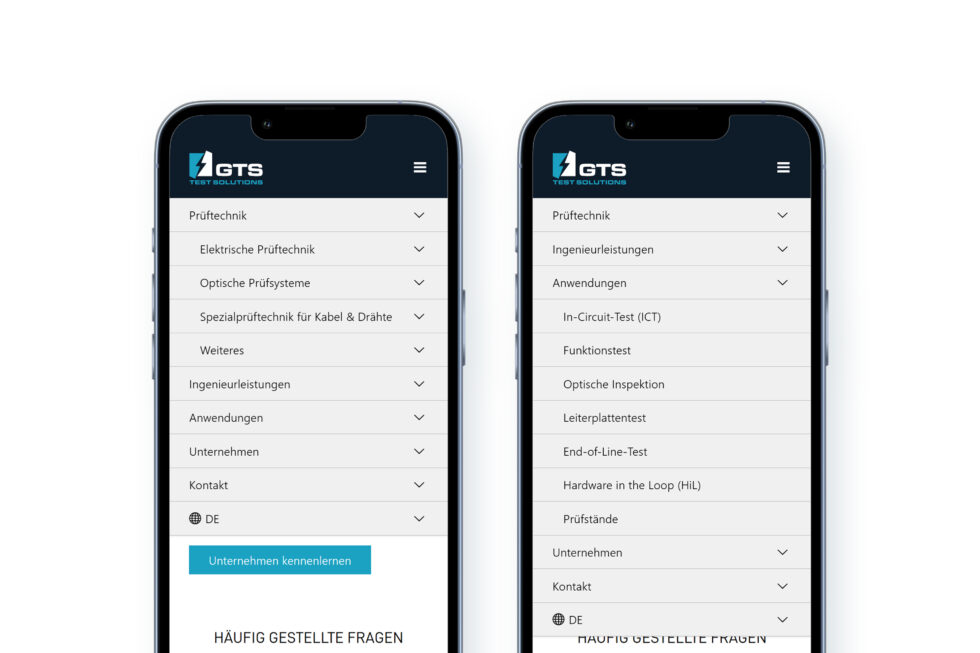 Screenshots des mobilen Menüs der GTS-Website