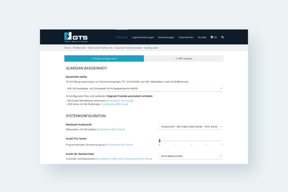 Screenshot des Online-Konfigurators für den Guardian Funktionstester von GTS Test Solutions