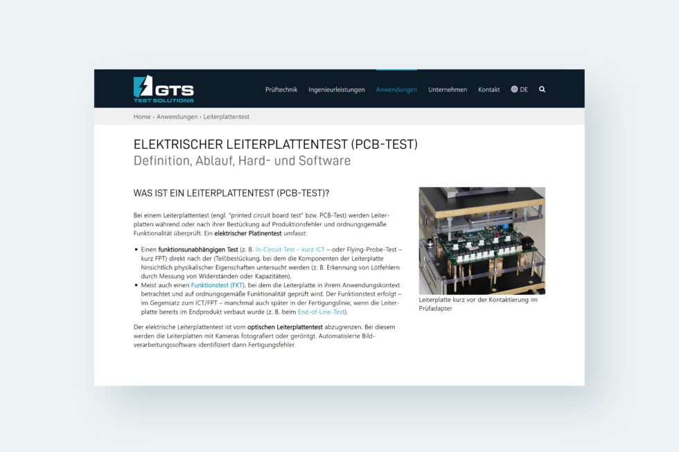 Screenshot der Unterseite "Leiterplattentest" als Beispiel für eine wikipedia-ähnliche Seite