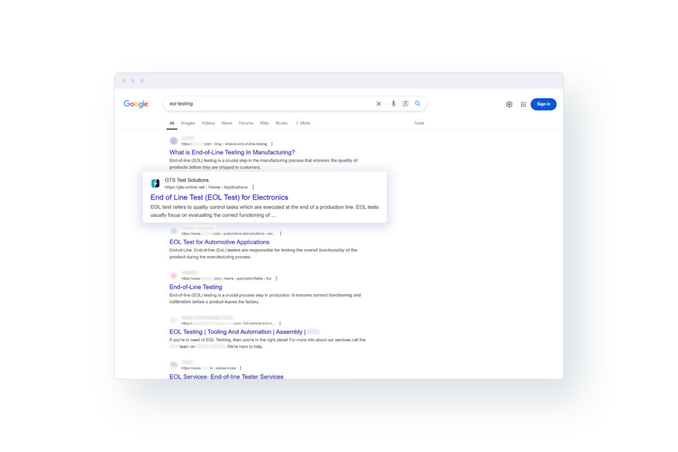 Screenshot der englischen Google-Suchergebnisseite für den Suchbegriff "eol testing" zeigt die Website von GTS Test Solutions in den unbezahlten Suchergebnissen an zweiter Stelle