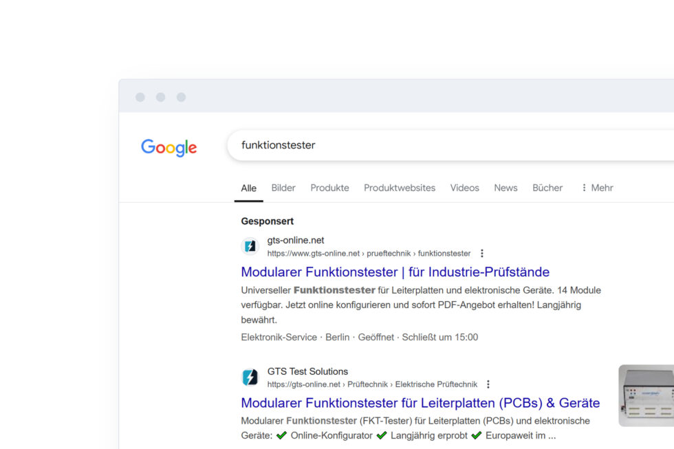 Screenshot der Google-Suchergebnisseite für den Suchbegriff "funktionstester" zeigt eine bezahlte Anzeige von GTS Test Solutions an erster Stelle