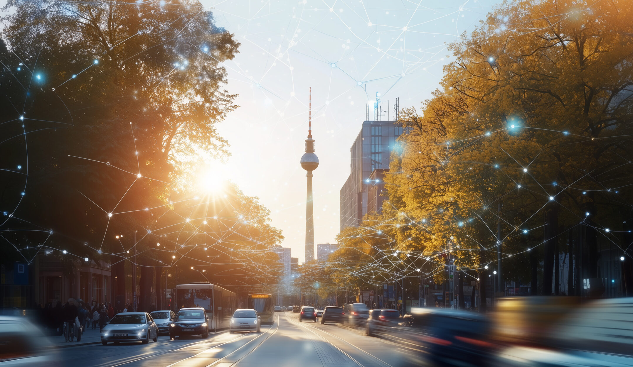 Hero-Bild der Rubrik Unternehmen zeigt eine fiktive Straße in Berlin mit dem Fernsehturm im Hintergrund, ein abstraktes Netz legt sich als Sinnbild der virtuellen Kommunikation über die Straße